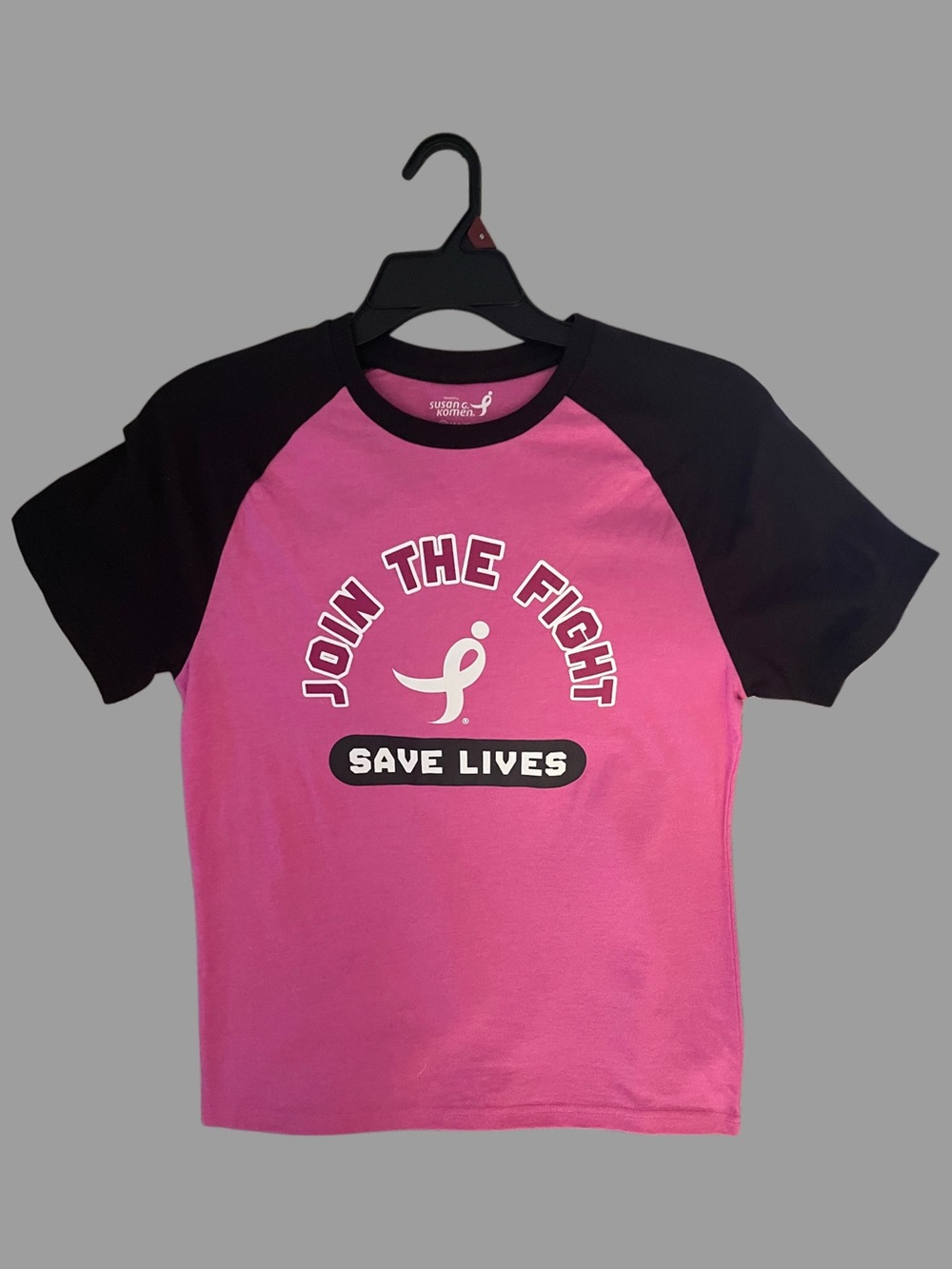 Susan G Komen Unisex Adult Join The Fight' Pink & Black Raglan Tee - New S